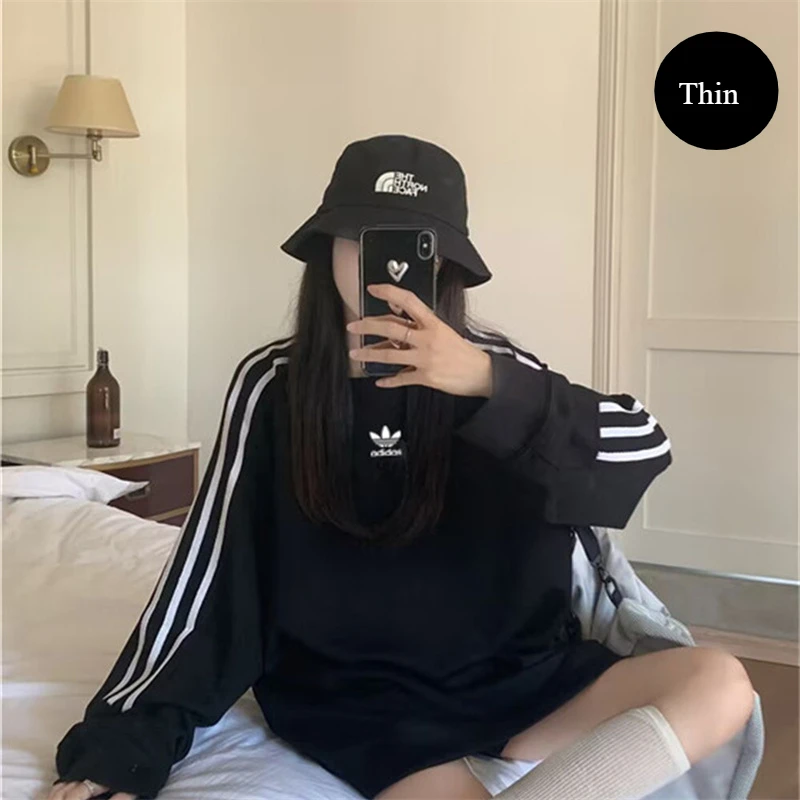 Adidas Men's and Women's Exercise Sweaters, Printing, Added Velvet and Thickening Round Neck Hoodies, Brown/White/Black