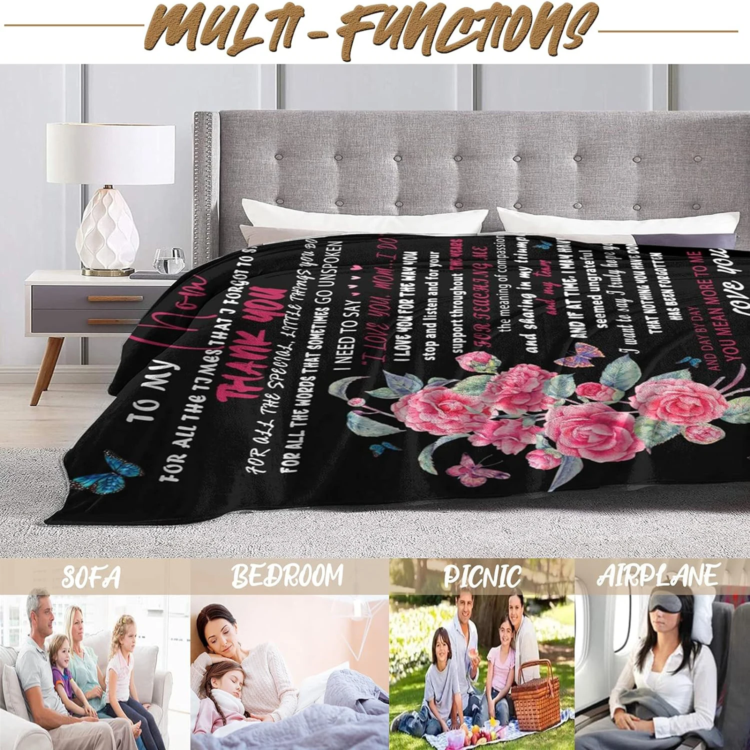 Gift for Mom Personalized Soft Linen Blanket Flower Butterfly Blanket Mother's Day Birthday Family Holiday Gift 4