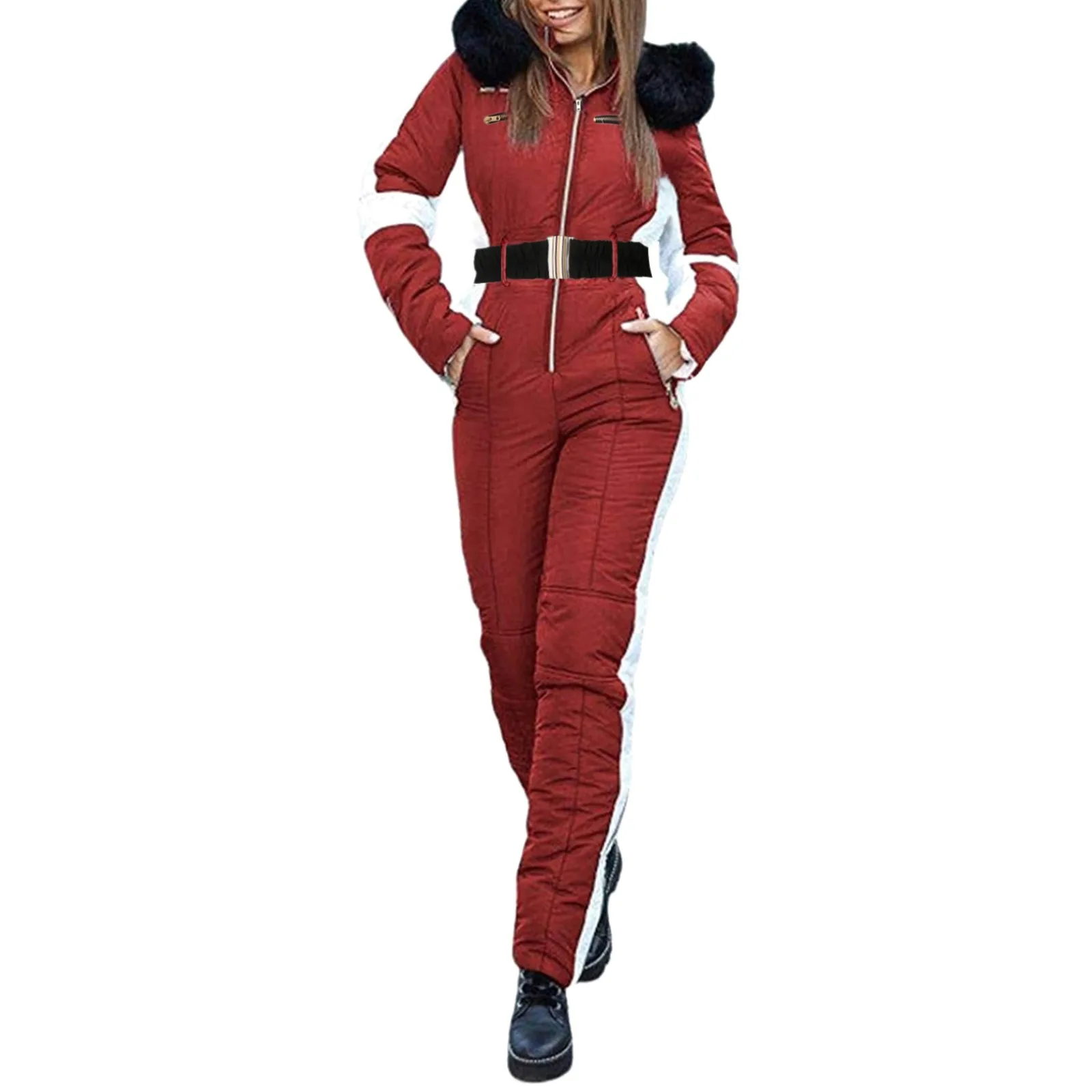 Women One Piece Ski Jumpsuit With Fur Collar Outdoor Sports Zipper Overalls Cotton Bodysuitski Suit Winter Hooded Parka Jumpsuit 3