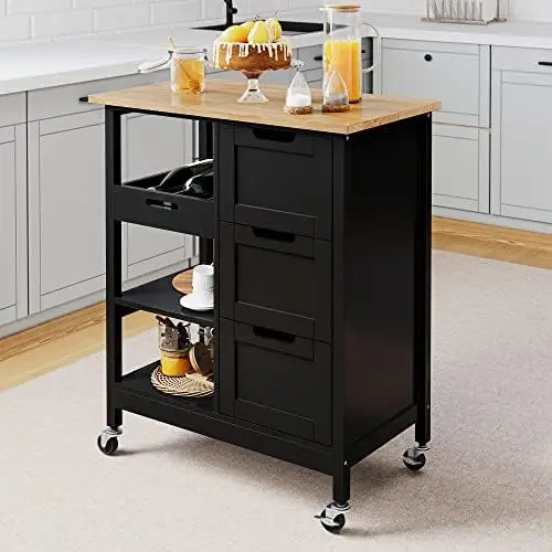 

Island Cart with Storage, Kitchen Cart for Home, Rolling Serving Utility Trolley Cart On Wheel with 3 Drawers and 3 Storage Shel