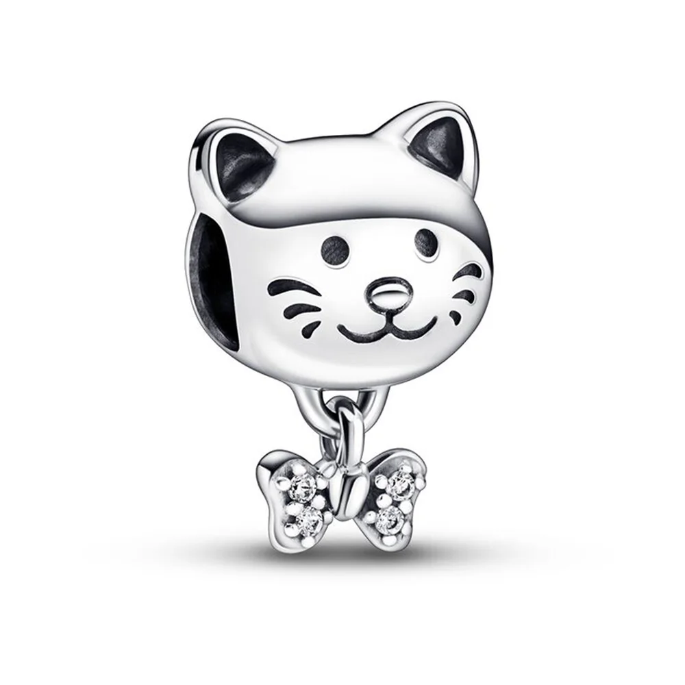 

Подлинные Подвески в виде кошки и банта, подходят для женского браслета Pandora, подарочные украшения «сделай сам»