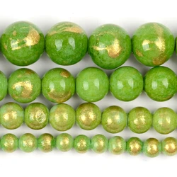 White Red Gold Plated Jade Round Natural Stone Beads for Jewelry Making and DIY Accessories (Olive Green)
