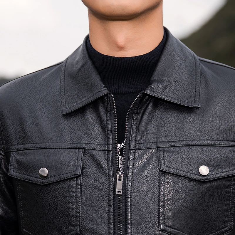 Leather Jackets Men Winter Jacket Men's Casual PU Leather Jacket Solid Color Business Collar PU Blazers Long Sleeve Dress Coat