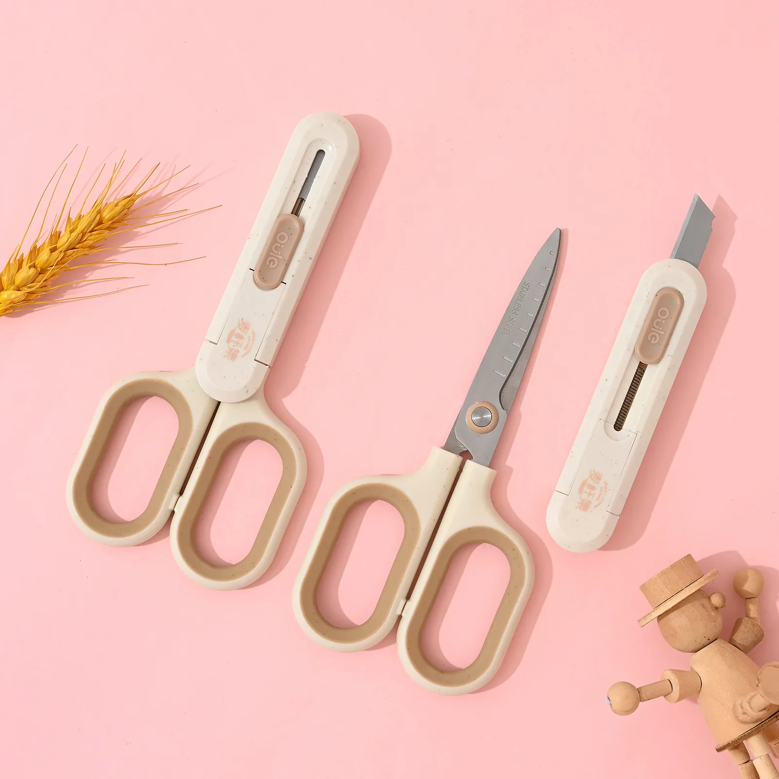 1-5PCS 2-in-1 스테인레스 스틸 가위 및 활용 칼 다기능 문구류 밀짚 시리즈 종이 절단 칼 사무실용