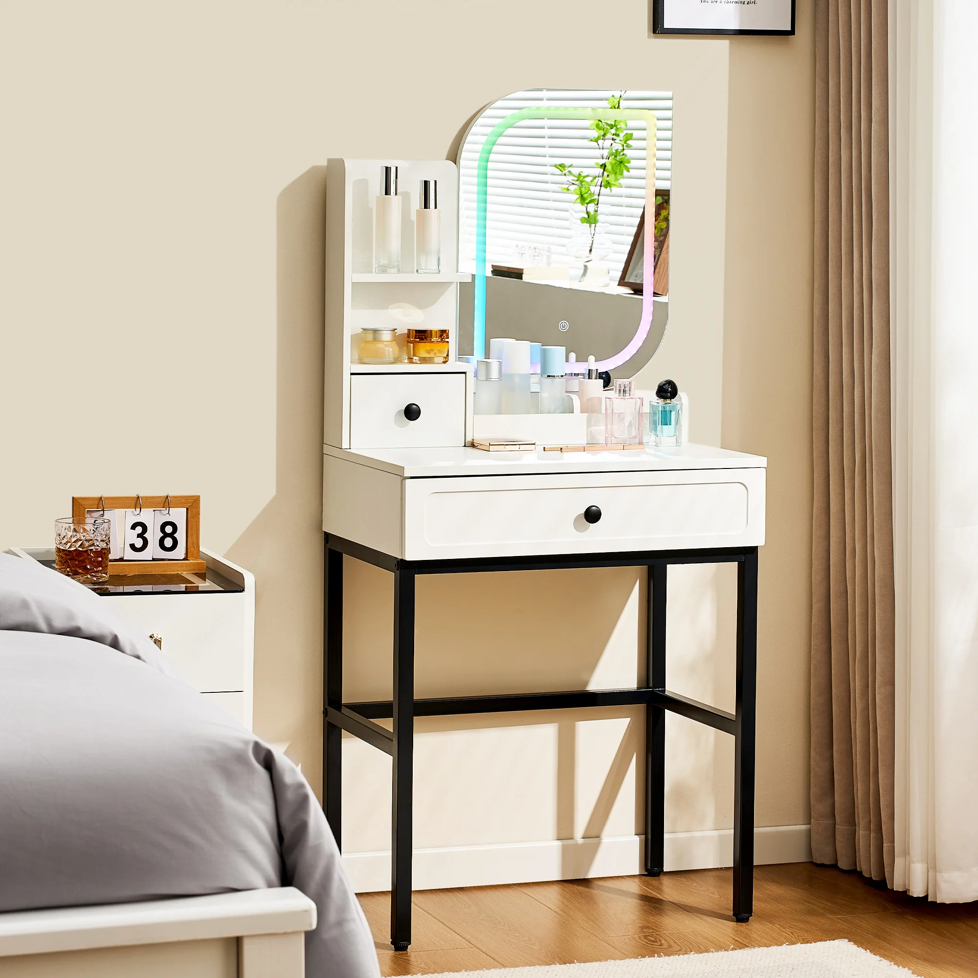 Dressing Table with LED Lighting, 1 Drawer Vanity Table with Unique Mirror
