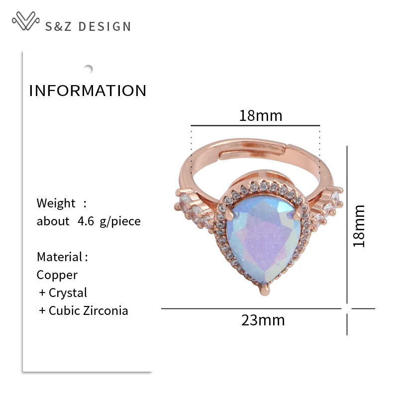S&Z DESIGN New Fashion Water Drop Ice Crack Crystal Adjustable Rings For Women Luxury 585 Rose Gold Color Cubic Zirconia Jewelry