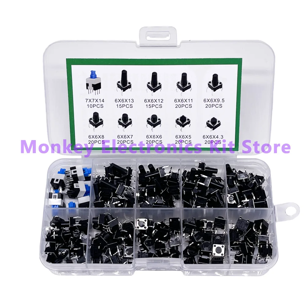 Push Button Switch 100 180 and 200 PCS 10 kinds of push-button switches directly inserted touch switch hardcover Box Kit