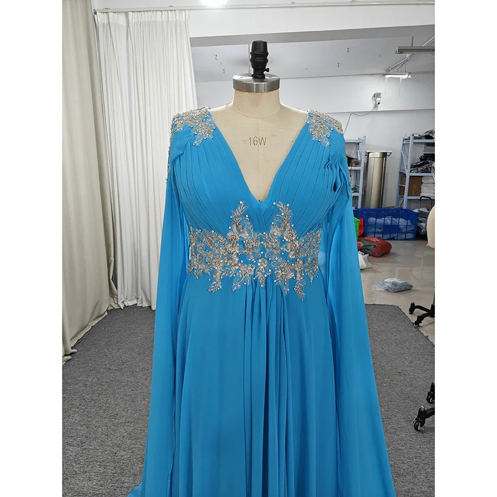 Elegant Blue Mother of The Bride Dresses with Cape V Neck Wedding Guest Dress Beaded Appliqued Long Evening Gowns