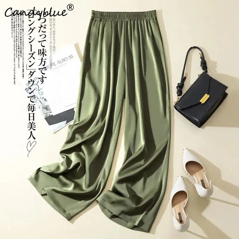

Silk Smooth Satin Wide Leg Pants Women's Summer Fashion High Waisted Straight Tube Sagging Sensation Long Pants for Women 2023