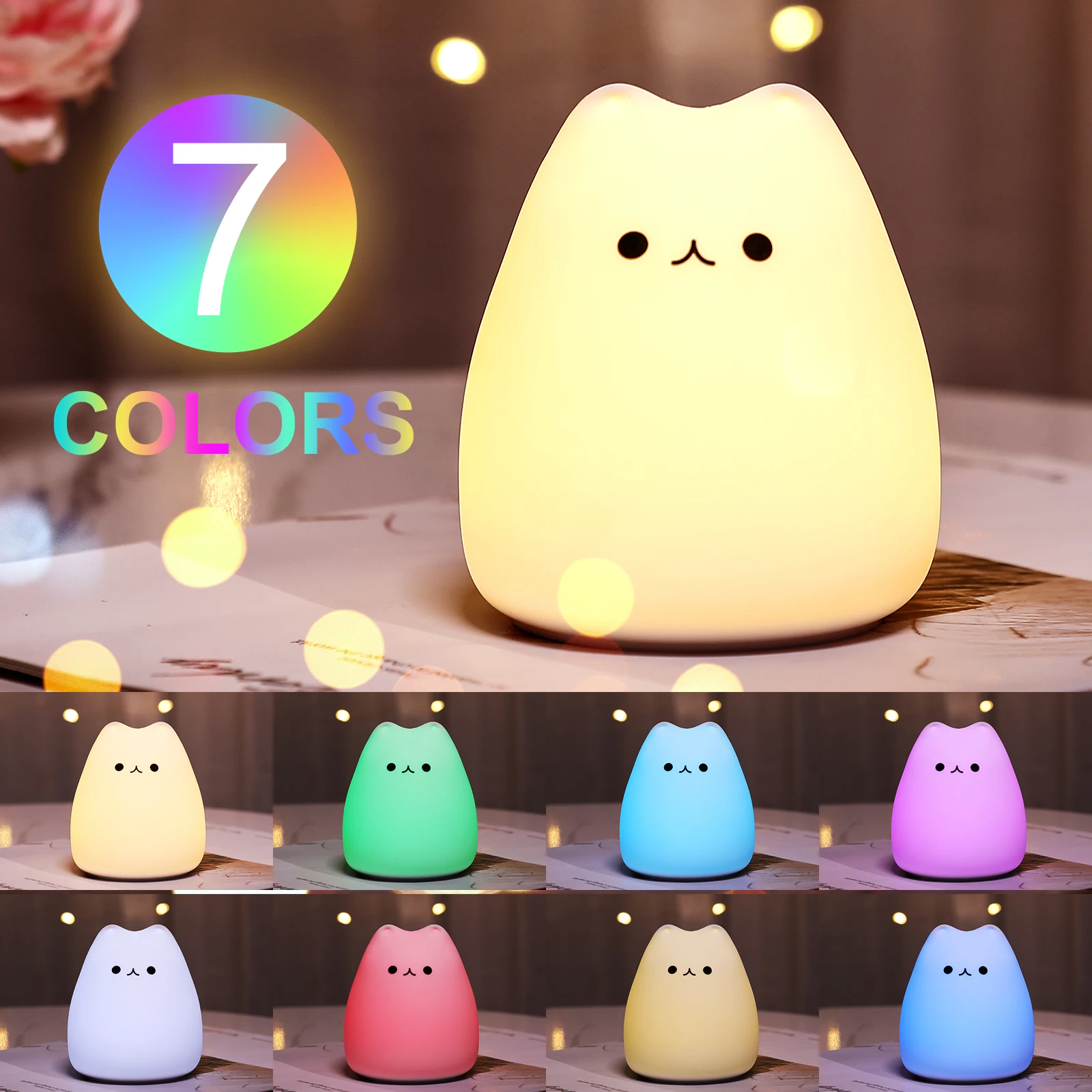 Color Changing Night Light Mini Kawaii Cat Baby Lamp 7-color Pat Touch Eye Protection