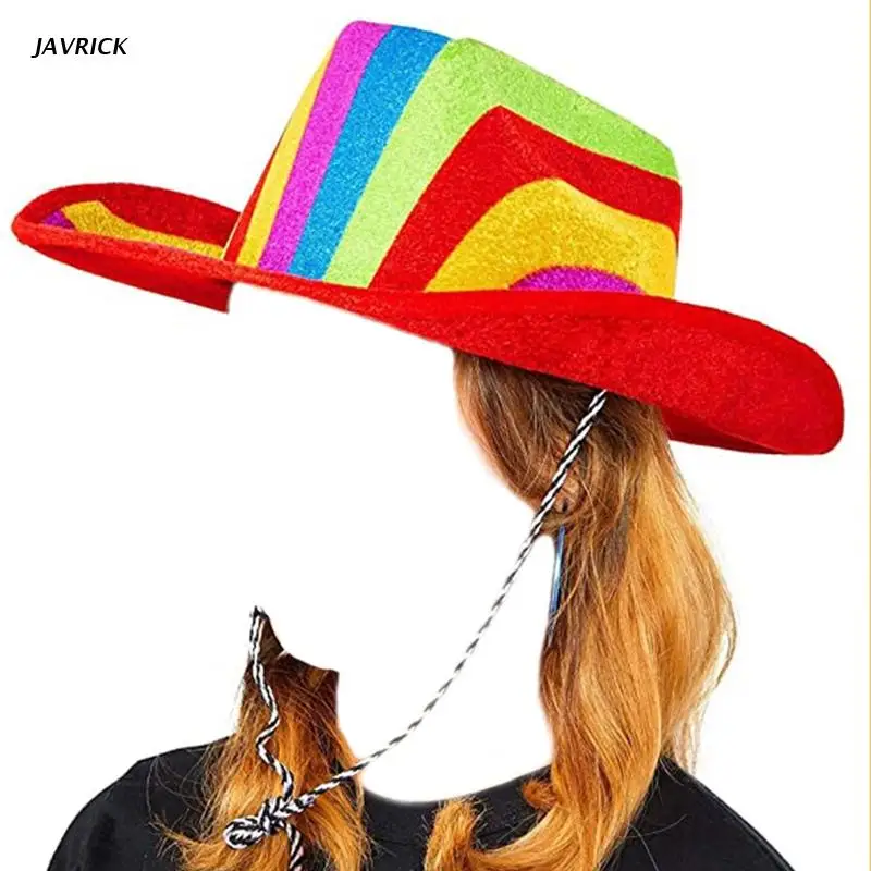 Fashion Rainbow Cowboy Hat Western Style Large Brim Hat Fedora Felt Jazz Accessory Wide Curve Brim