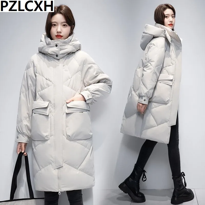 Women White Duck Down Jacket Winter Coat Female Mid Length Version Hooded Parkas Loose Large Size Outwear Warm Thick Overcoat winter women hooded loose thick warm 90% white duck down long parkas casual female zipper pocket down coat snow outwear