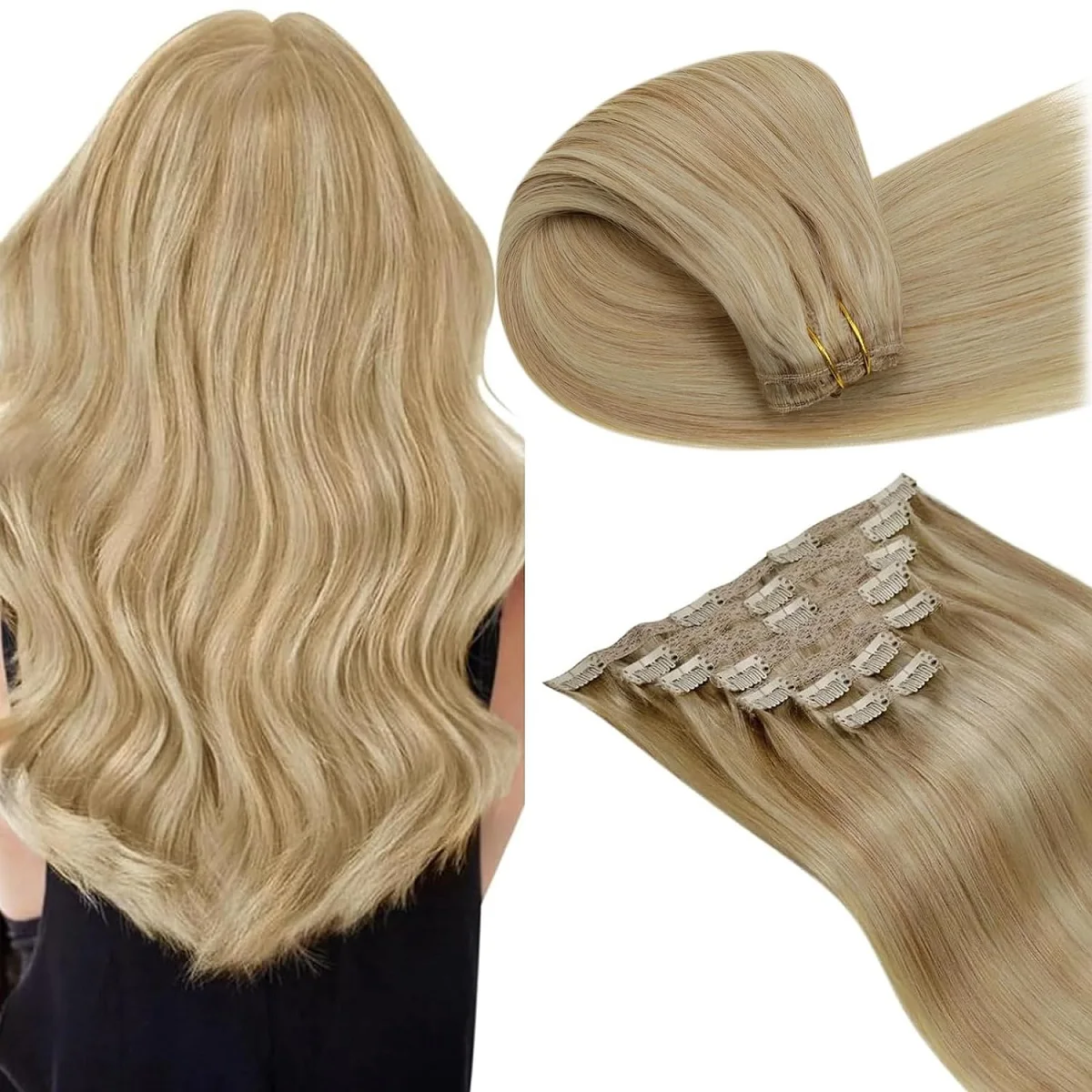 Clip in Hair Extensions Real Human Hair Balayage Extensions Mixed Bleach Blonde 70g 7pcs 16 Clips Straight Blonde