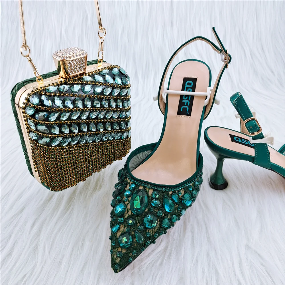 

2023 Lace Fabric With Variety Of Shapes Rhinestone Decoration Ladies Shoes And Bag For Wedding Party Green ColorNigerian Fashion