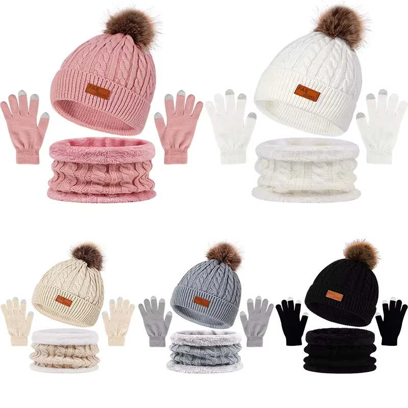 3Pcs/Set Women Winter Hat Scarf Gloves Faux Fur Ball Teenager Girls Knitted Beanie Neck Warmer Suit Warm Ears Woman Cap Set - 3
