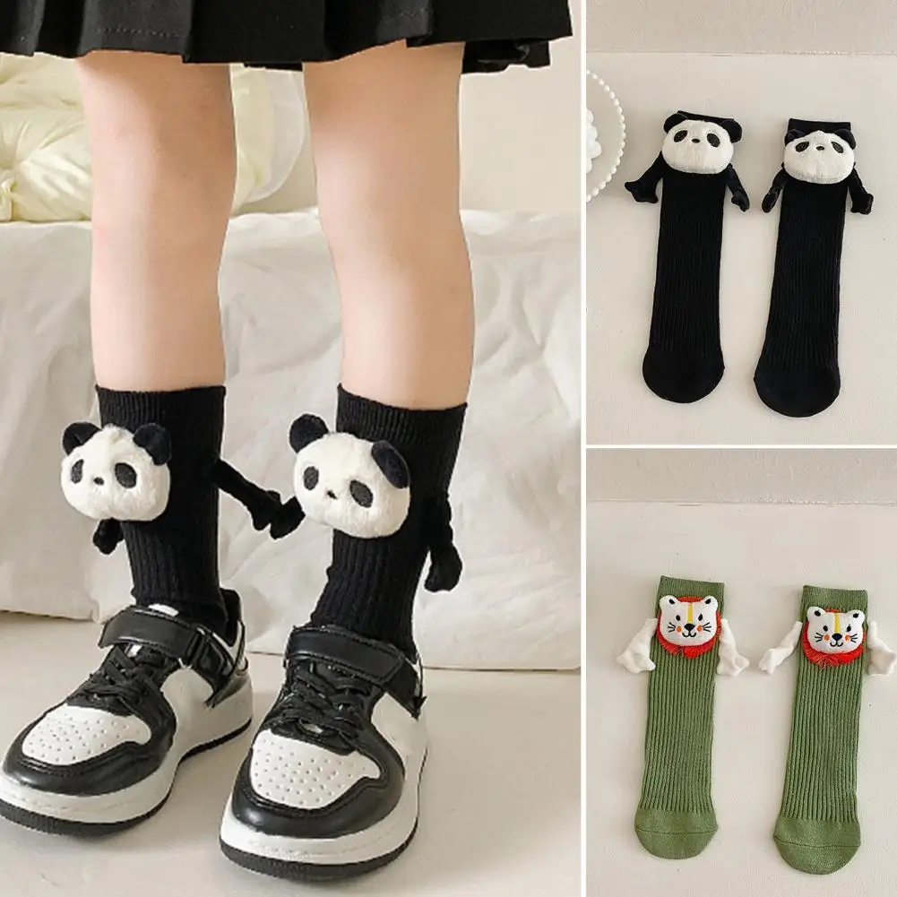 

1 Pair Cute Cartoon Panda/Lion Holding Hands Magnetic Socks Soft Elastic Solid Color Mid-tube Socks Winter Toddler Warm Cotton S