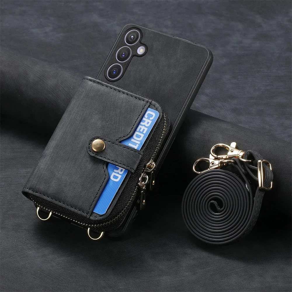 Leather Phone Cover with Zipper Wallet and Lanyard Stand Feature