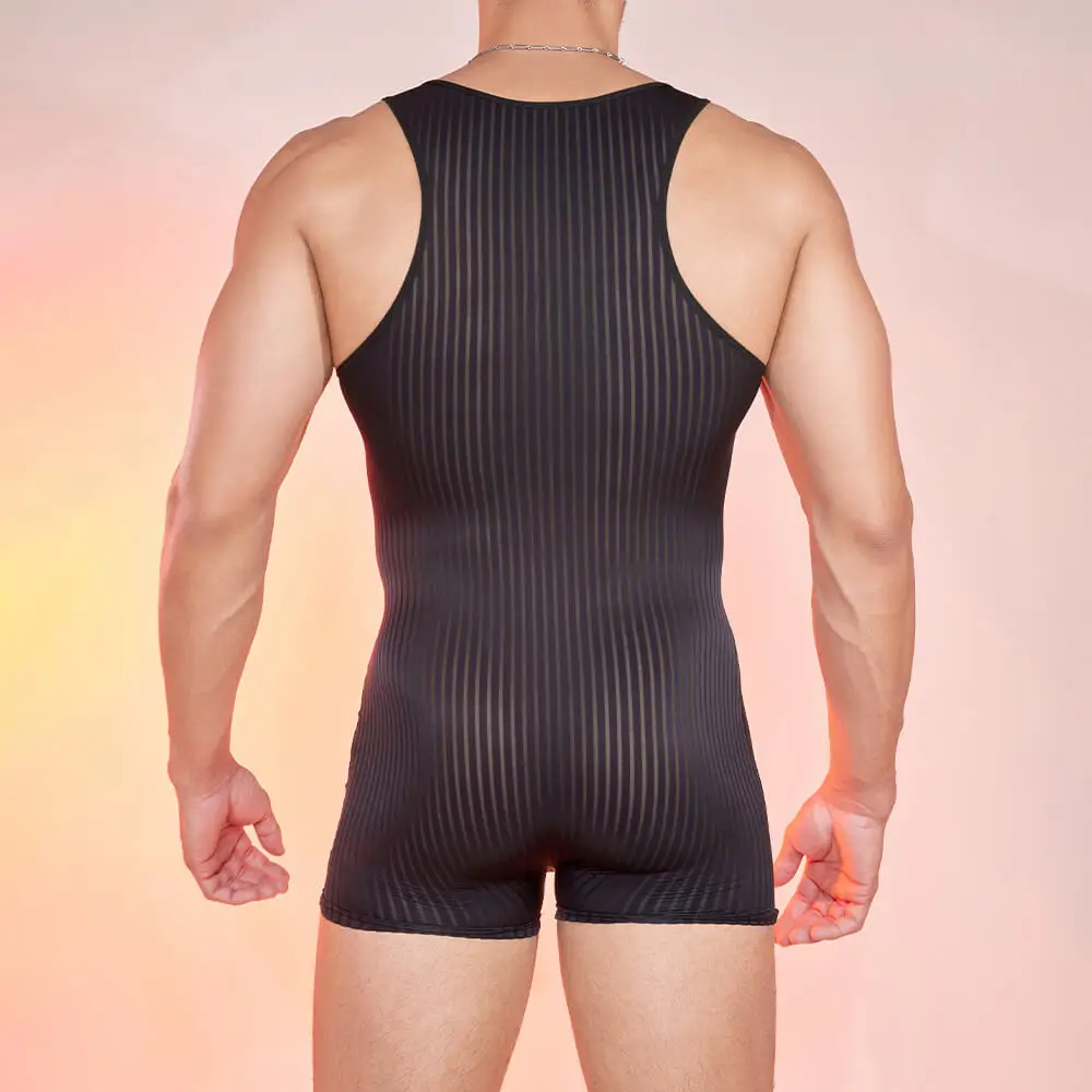 Men's Vertical Stripe Bodysuit Light Breathable Comfortable Fit Striped Jumpsuit Super Elastic Leotard For Sports And Fitness