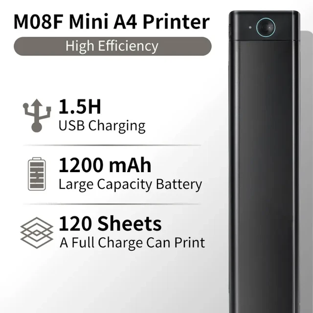 M08F A4 Portable Thermal Printer ;11.69" A4 Thermal Paper Wireless Mobile Travel Printer Android iOS Laptop Printer