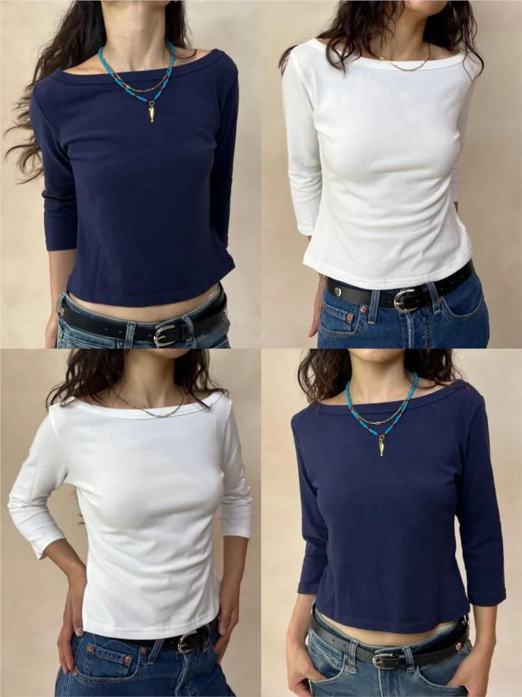 Simple Three Quarter Sleeve T-shirts Woman Autumn Solid Basic Slash Neck Cotton Slim Crop Top Female Casual All-match Tee Shirts
