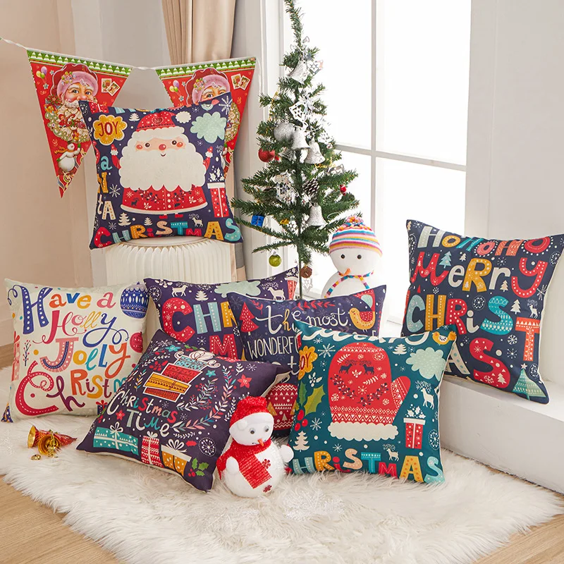 

Linen Christmas Pillow Cover Cartoon Cute Letters Printed Throw Pillowcase Home Decoration Sofa Headboard Cushion Covers 45x45