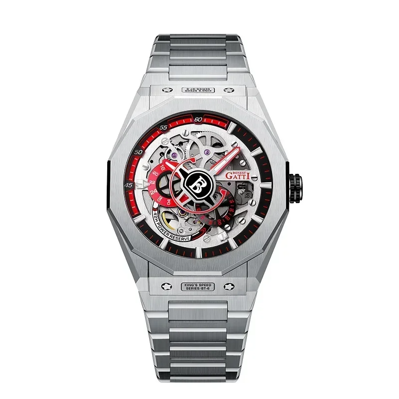BONEST GATTI Men's fully automatic hollow mechanical watch, speed dial, steel strip, waterproof and luminous