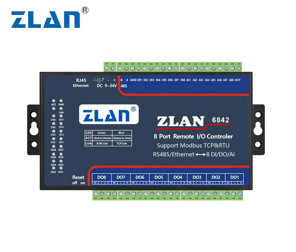 ZLAN6842 8 channels DI DO AI Modbus TCP I/ O Module Ethernet RJ45 Remote Control A/D collector