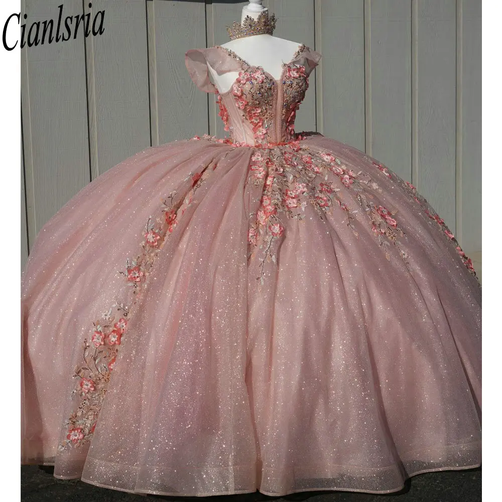 

Pink Illusion Crystal Beading Quinceanera Dresses Ball Gown Off The Shoulder 3D Flowers Appliques Sweet 15 Vestidos De XV Años