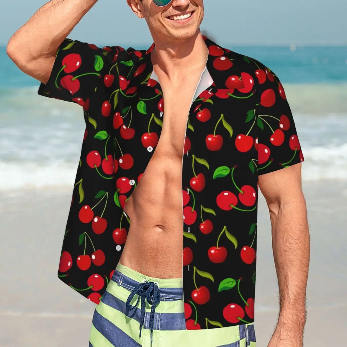 

Летняя Пляжная рубашка с принтом красных вишен, крутые повседневные рубашки с зелеными листьями, мужской дышащий топ с коротким рукавом