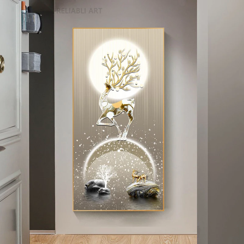 New Chinese Fengshui Golden Deer Canvas Painting Abstract Zen Stone Posters and Prints Modern Luxury Wall Art for Porch Decor