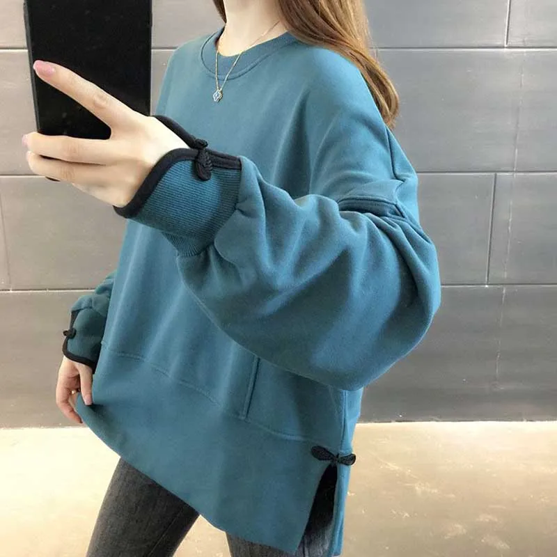 Fashion O-Neck Spliced Button Slit Casual Sweatshirts Female Clothing 2023 Winter Loose All-match Tops Korean Warm Sweatshirts