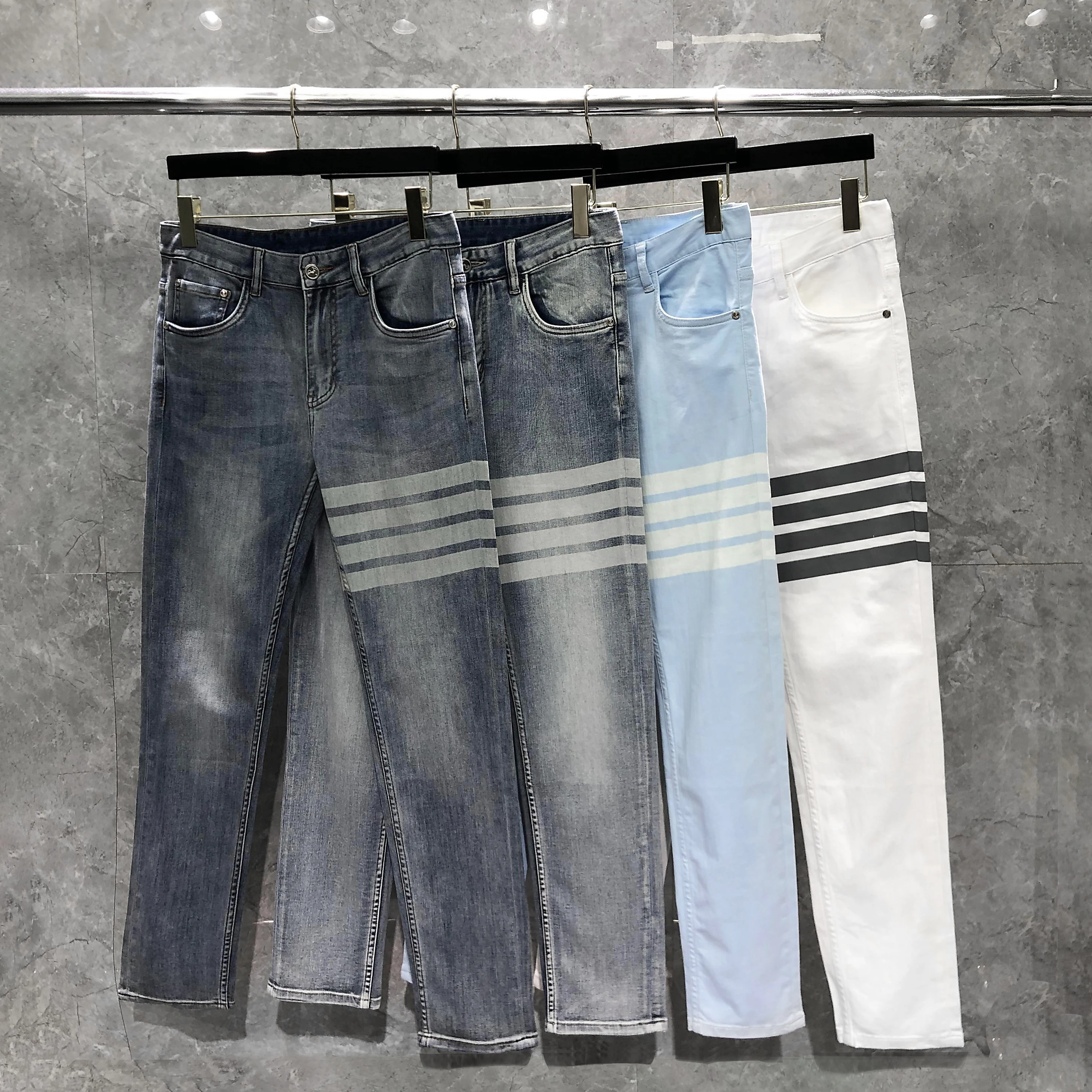 New Korea Fashion Brand Jeans Men Four Seasons Jeans 4-bar Striped Straight  Regular Stretch Denim Trousers Designer Men's Jeans