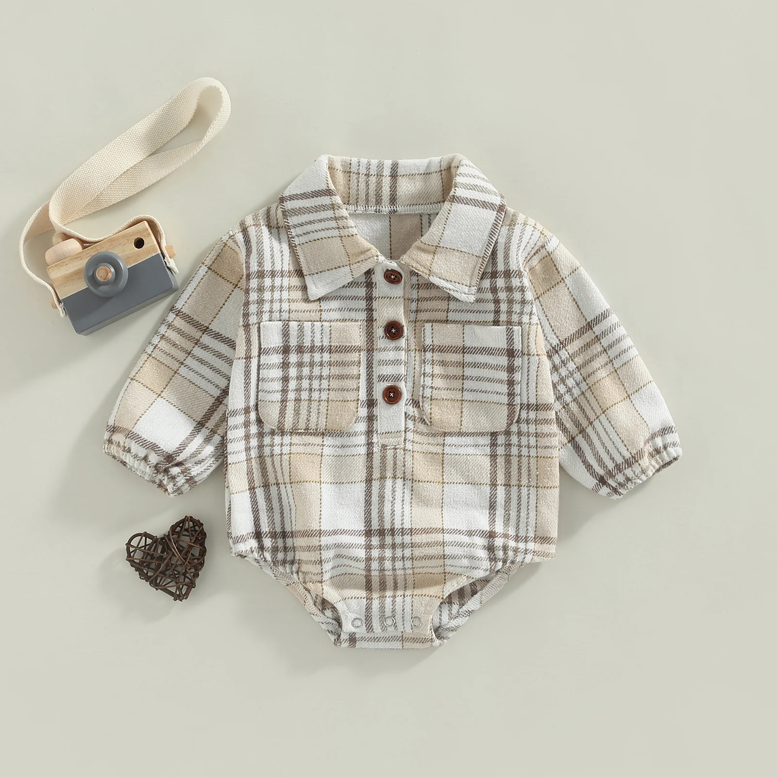 Citgeett Autumn Infant Baby Boy Bodysuit Buttons Lapel Long Sleeve Plaid Pattern Jumpsuit Pockets Fall Clothes