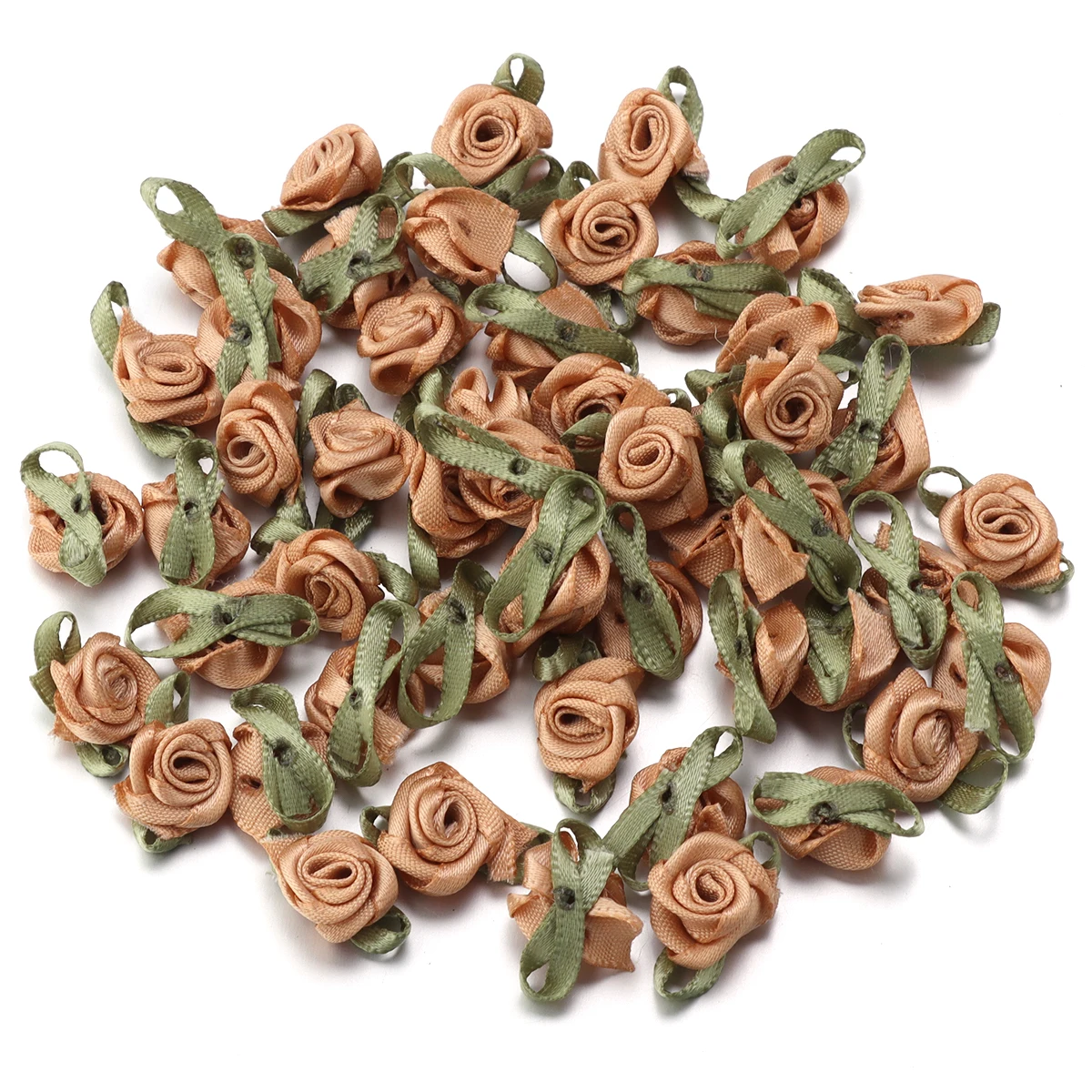 50-Piece Set: Vibrant Ribbon Rose Rosettes with Leaf Fabric Flowers