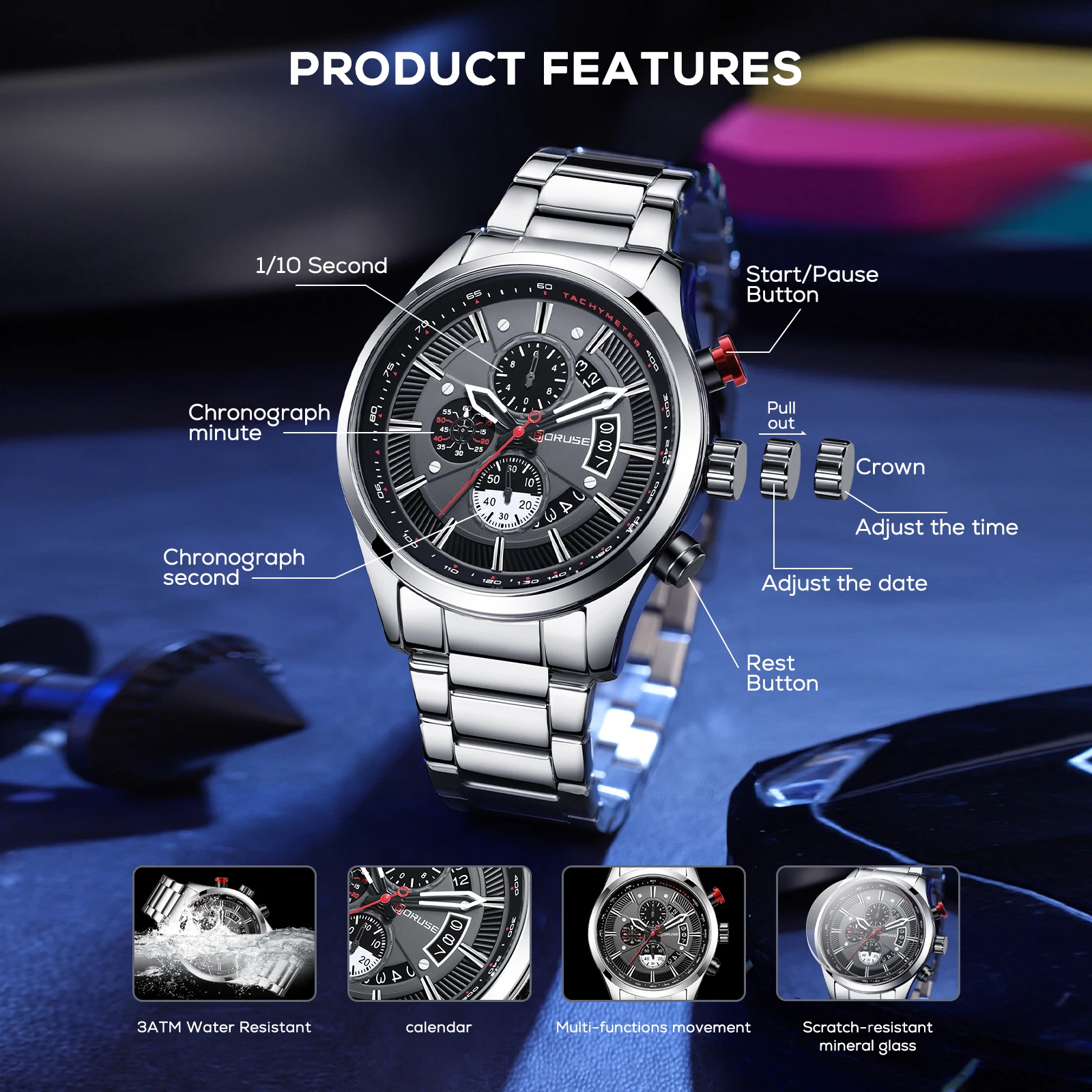 BORUSE  Luxury Mens Silver Stainless Steel Wristwatches Waterproof Quartz Watch for Men Date Clock With Box Relogio Masculino