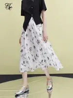 FSLE New Chinese Style Temperament Printed Skirt for Female Summer Niche Design Elastic Waist A-line Special Skirts for Women