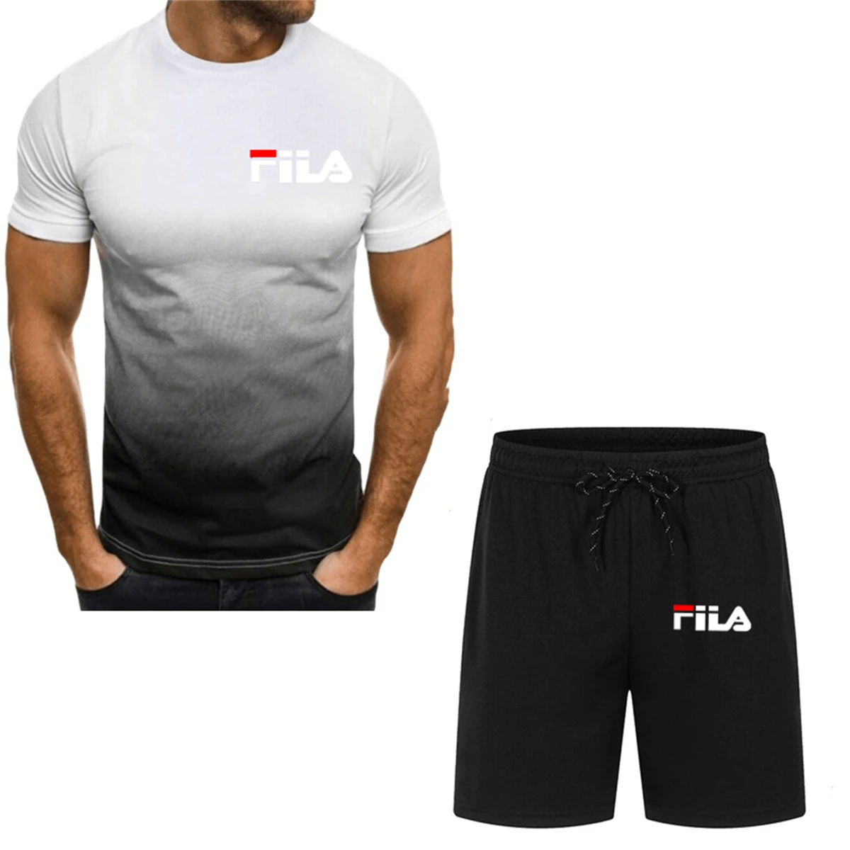 Conjunto de dos piezas para hombre, chándal informal de manga corta con estampado, camiseta y pantalones cortos, ropa deportiva