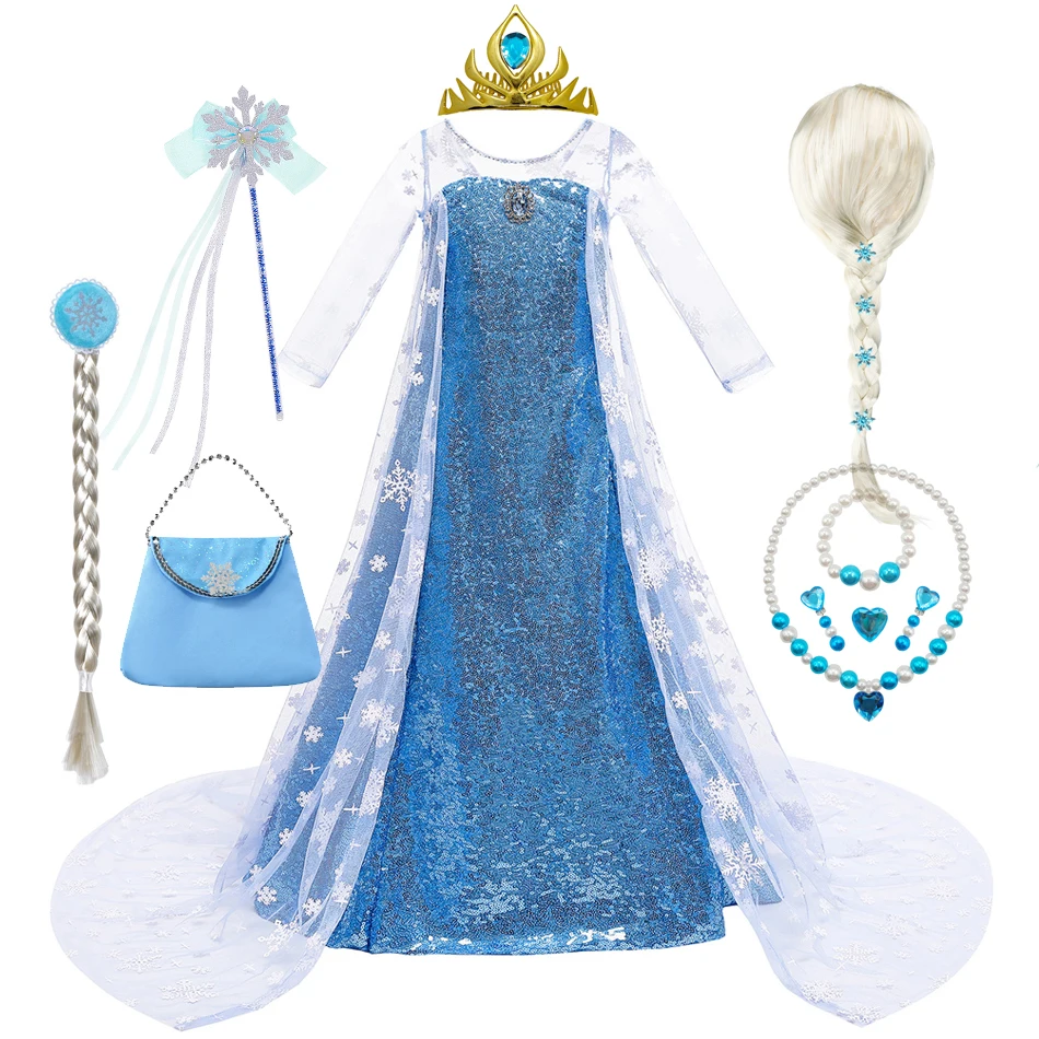 Eiskönigin Elsa Kostüm Für Mädchen – Langes Blaues Prinzessinnenkleid Für Karneval & Halloween