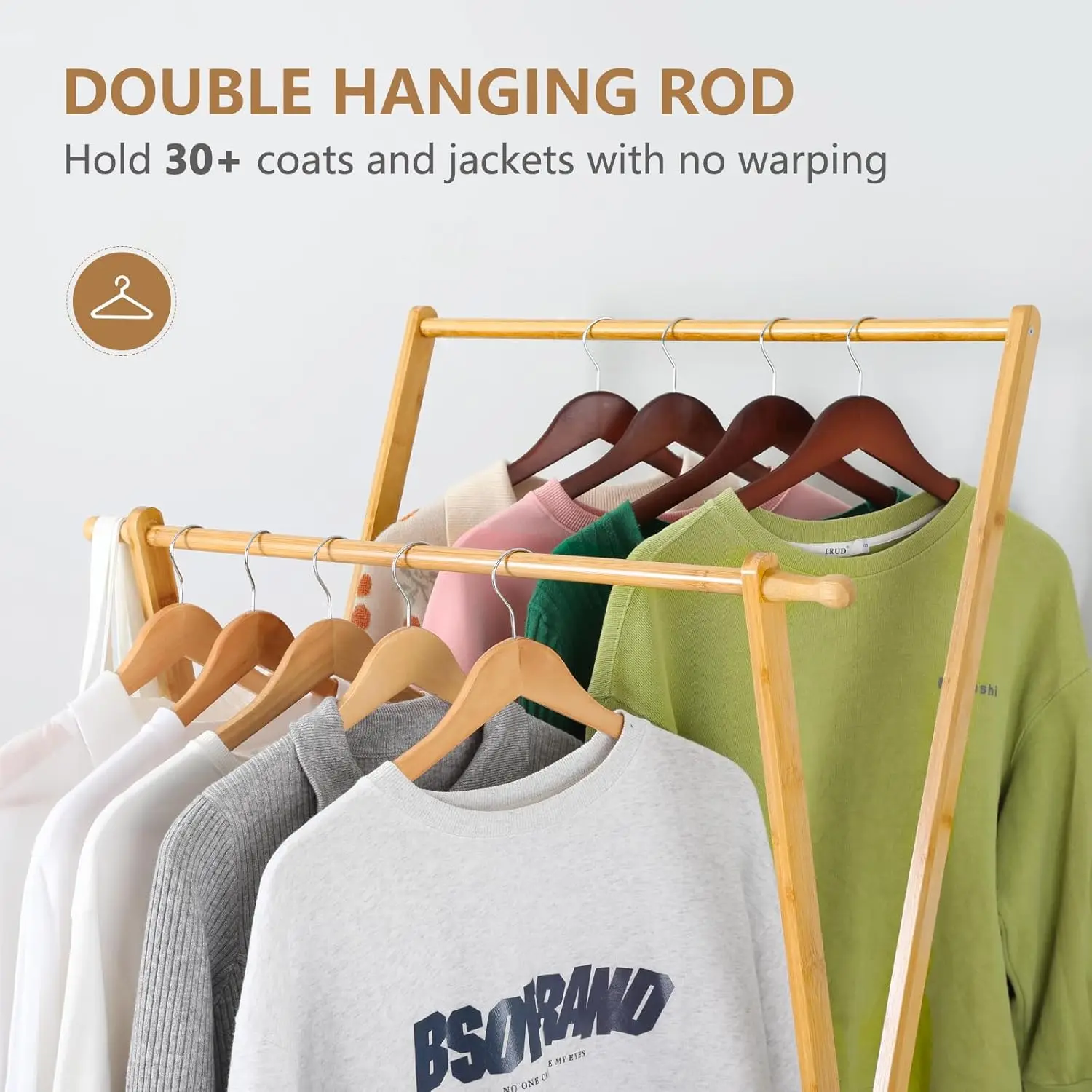 Bamboo Clothing Rack Double Rod Garment Rack with 2 Tier Storage Shelf Closet Organizer for Guest Room, Laundry Room, Apartment, 2