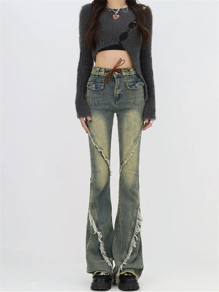 

Women's Vintage Blue High Waist Slim Jeans American Fashion Streetwear Wide Leg Jean Female Trouser Straight Denim Pants