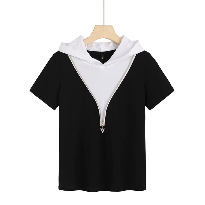 

Sportswear Women Hooded Fashion Patchwork T Shirt Woman Outfits Joggers Tops New Arrival Pullover Short Sleeve T-shirt Zipper