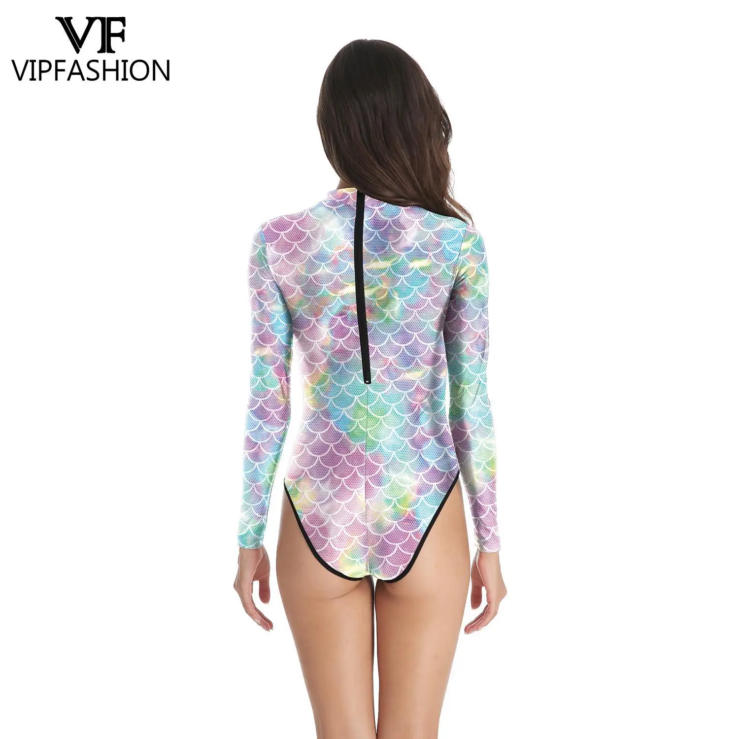 VIP FASHION Mermaid Printed Swimsuit Women Swimwear Summer Fish Scale Pattern Bodysuit Female Holiday Party Sexy Cosplay Costume