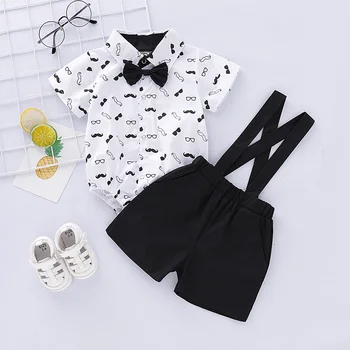 0-24 Months Baby Boys Costumes Short Sleeve Bodysuit with Bow + Suspender Pants Wedding Parties Festivals Gentleman Clothing 1