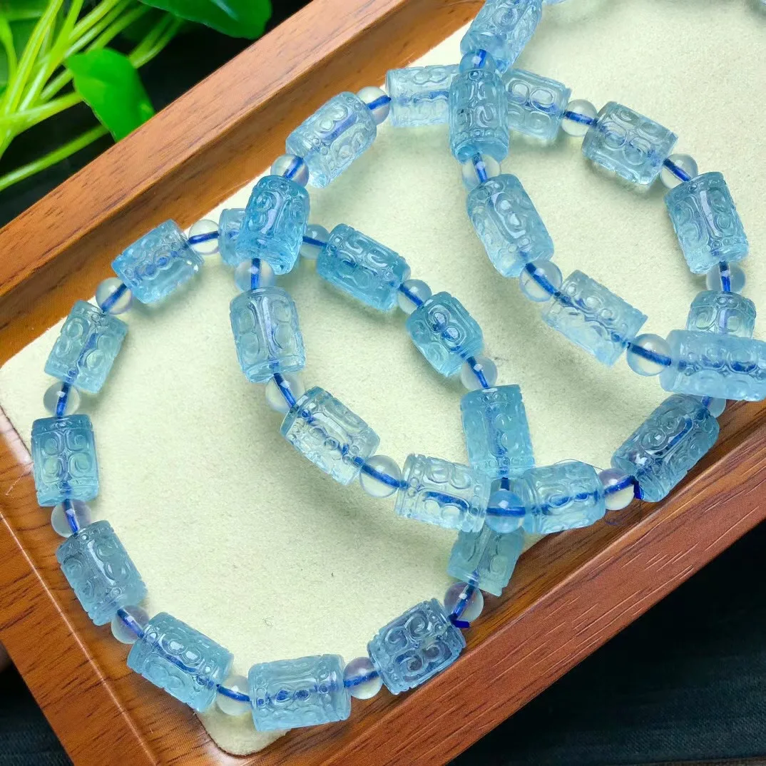 

1 Pc Fengbaowu Natural Stone Blue Aquamarine Engrave Fret Pattern Barrel Beads Bracelet Crystal Fashion Jewelry Gift Women Men