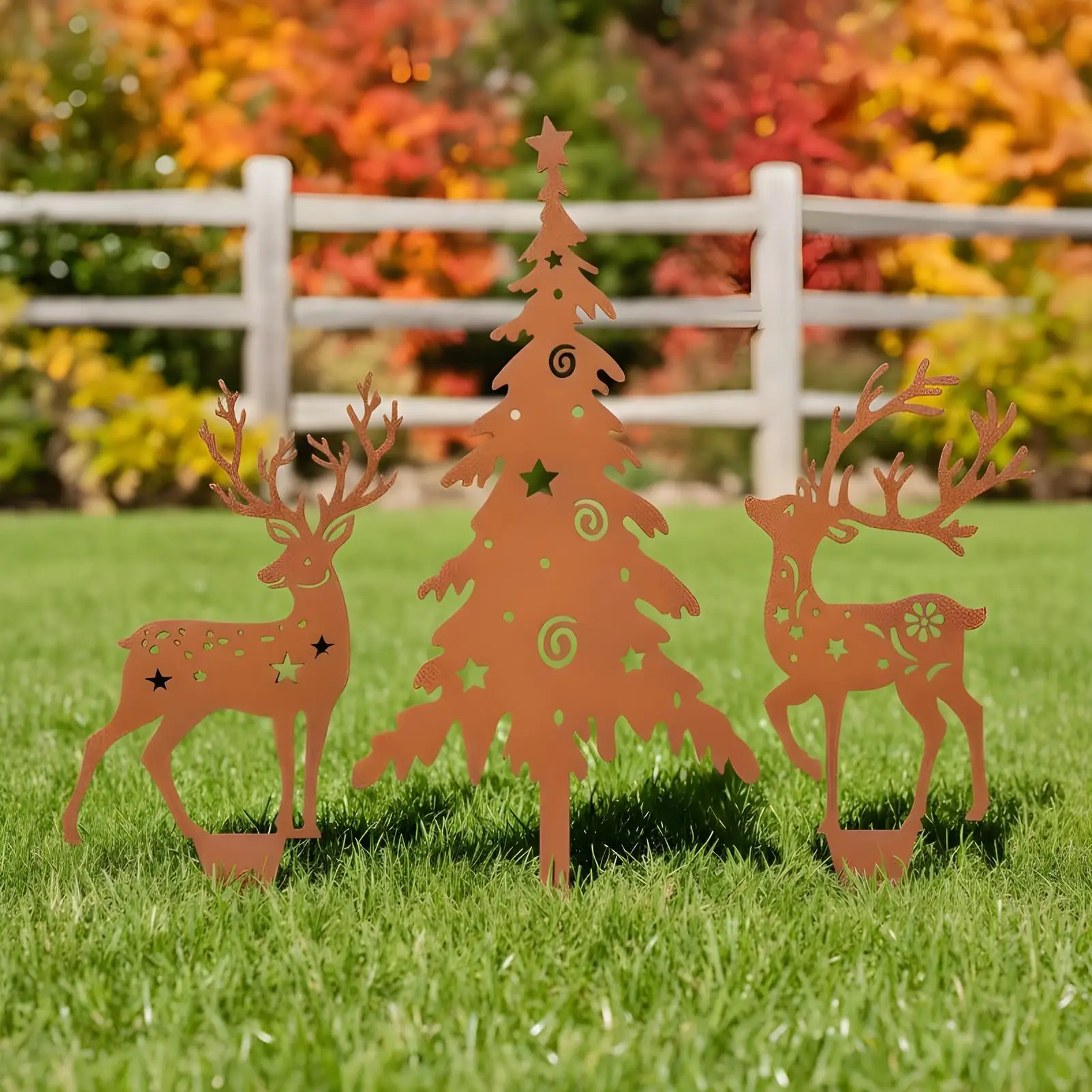Decorative Garden Stakes 3 Pieces Outdoor Metal Sign Decor Christmas Yard Signs Stake For Holiday Winter Yard Garden Lawn Porch