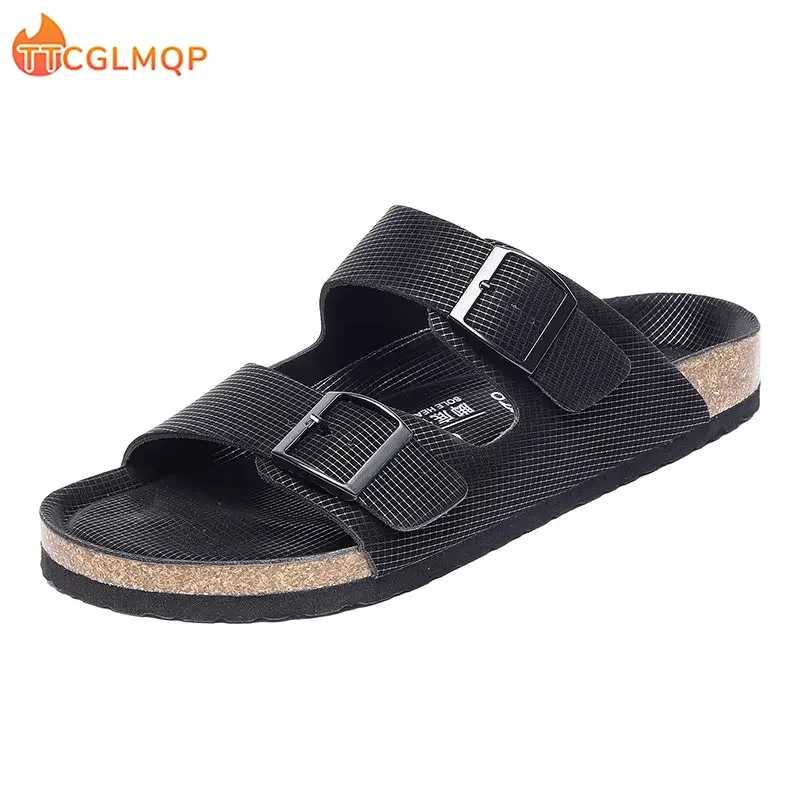 New Summer Cork Sandals Men's Flock Faux Suede Mule Clogs Slippers Brown Classic Buckle Cork Slides Slippers For Men Slippers