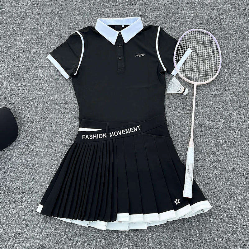 Golf Women's Autumn New Short Sleeved Top, Quick Drying and Slimming Fashion, High-quality Short Skirt, Outdoor Leisure Sports