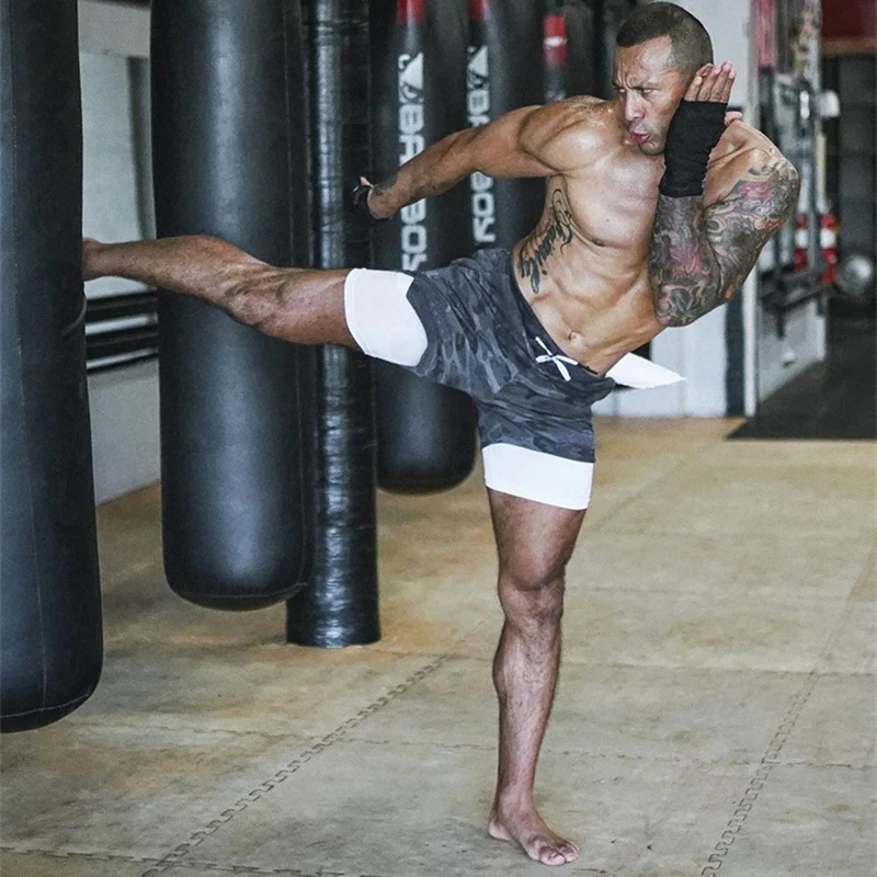 Print Athletic Gym Shorts for Men 2 in 1 Compression Shorts with Phone Pocket Quick Dry Stretch Workout Running Fitness