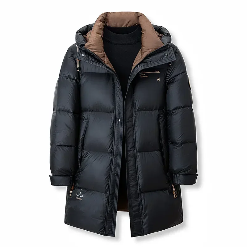 Winter men's mid length autumn/winter 90 white duck down jacket with warm and thickened casual hooded 