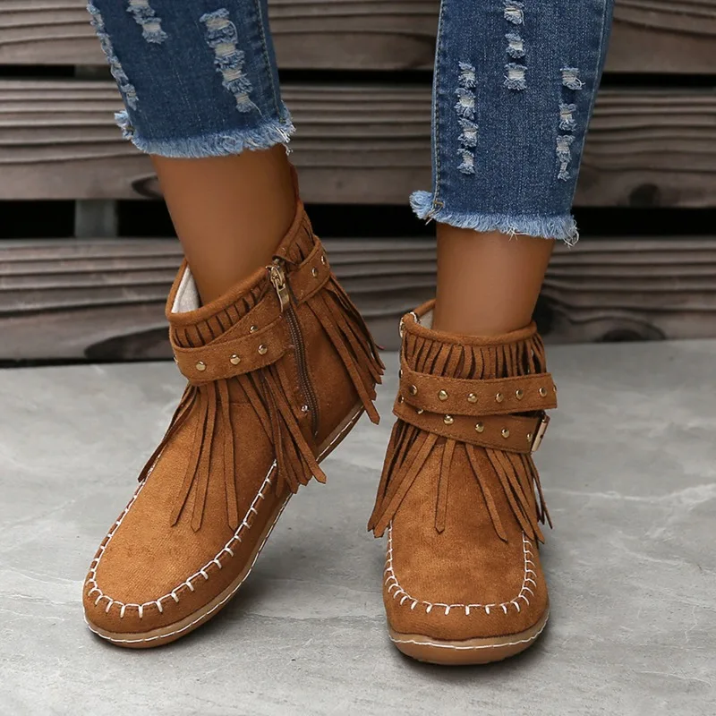 2023 Winter Warm Shoes for Female Side Zip Women's Ankle Boots Flat with Light Women's Shoes Tassel Belt Buckle Ladies Boots